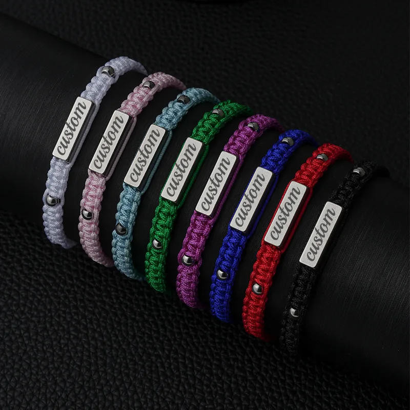 

2025 Hot Selling Custom Stainless Steel Rectangular Bracelet Fashion Laser Engraved Multicolor Woven Bracelet Holiday Gift