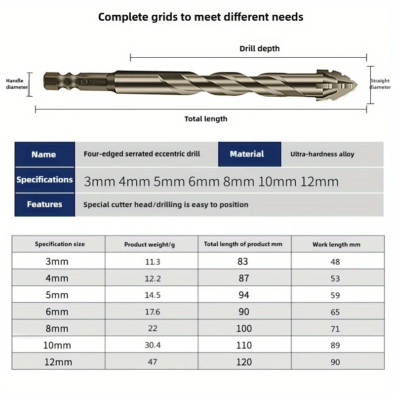 7/6/4/1PCS 4-edge Serrated Drill Bits For Dry Drilling Tiles/Glass/Marble/Concrete Durable Drill Bits 3-12mm Drilling Tool Set