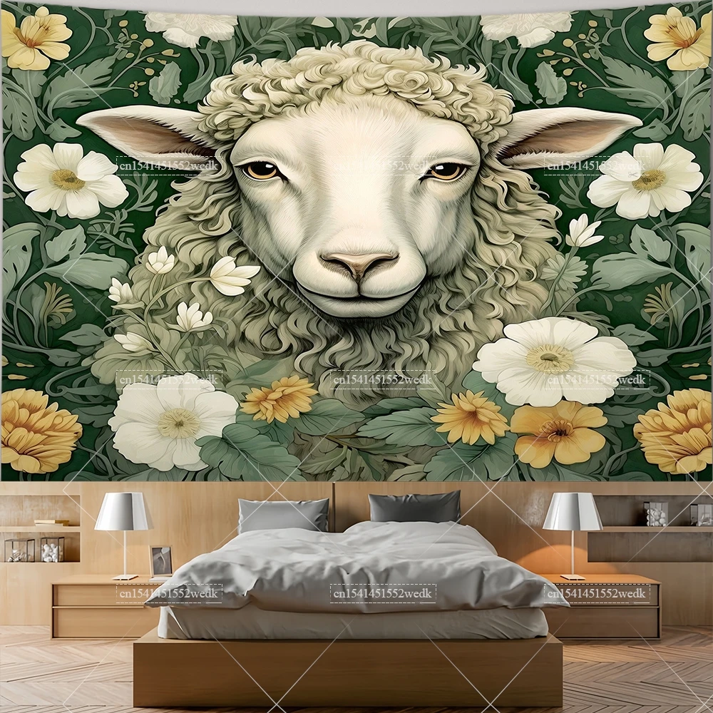 Sheep in Garden Tapestry Wall Hanging Animal Ram Sheep Deer Tapestry Aesthetic Room Decor Wallpapers For Bedroom Paintings
