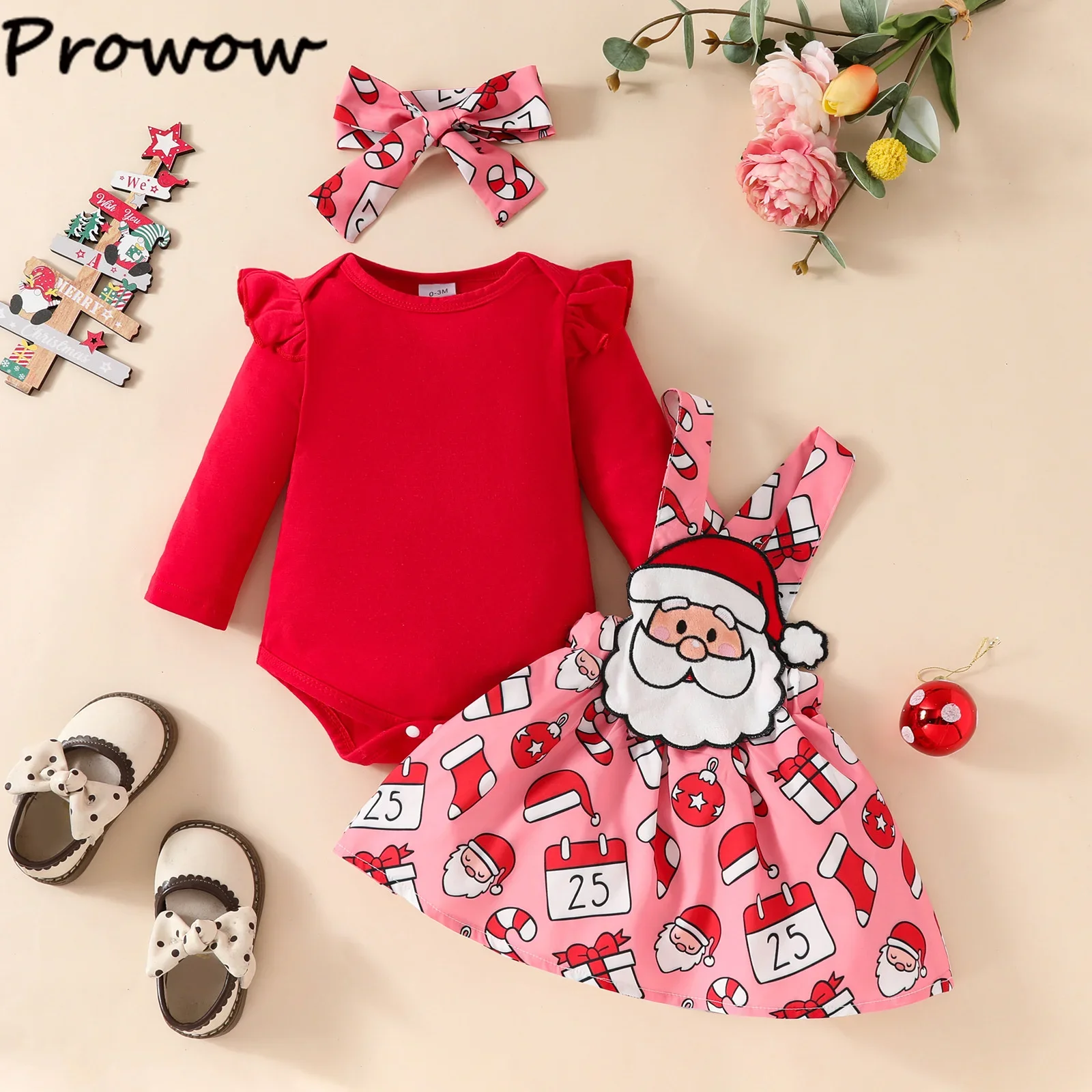 Prowow Baby Girl Christmas Outfits Sets Red Bodysuit Suspender Santa Claus Dress For Girls My First Newborns New Year Costume