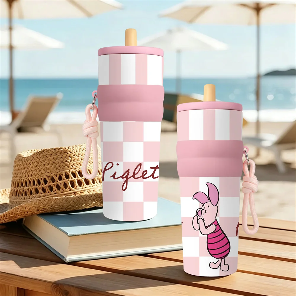 1pc 25oz Disney Cute Piglet Stainless Steel Tumbler Insulated Travel Mug with Straw Hanging Rope Portable Cup for Car Outdoor view 5