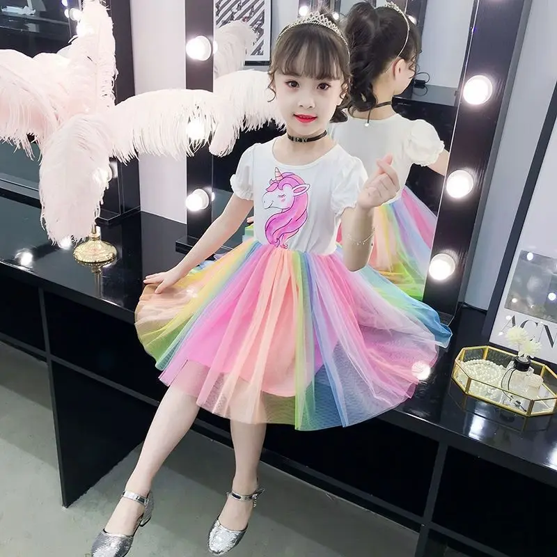 Girls Clothes 2024 New Girls Summer Dress Wedding Rainbow Dress Fluffy Dress Princess Dress Unicorn Elegant Kids Clothes 2-14Y