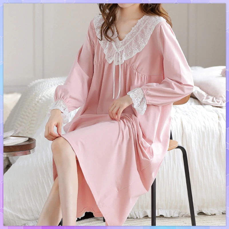 Vintage Cotton Loose Night Dress Women's Nightgowns Spring Autumn Kawaii Ruffles Long Sleeve Sleepwear Nightwear Home Wear Dress