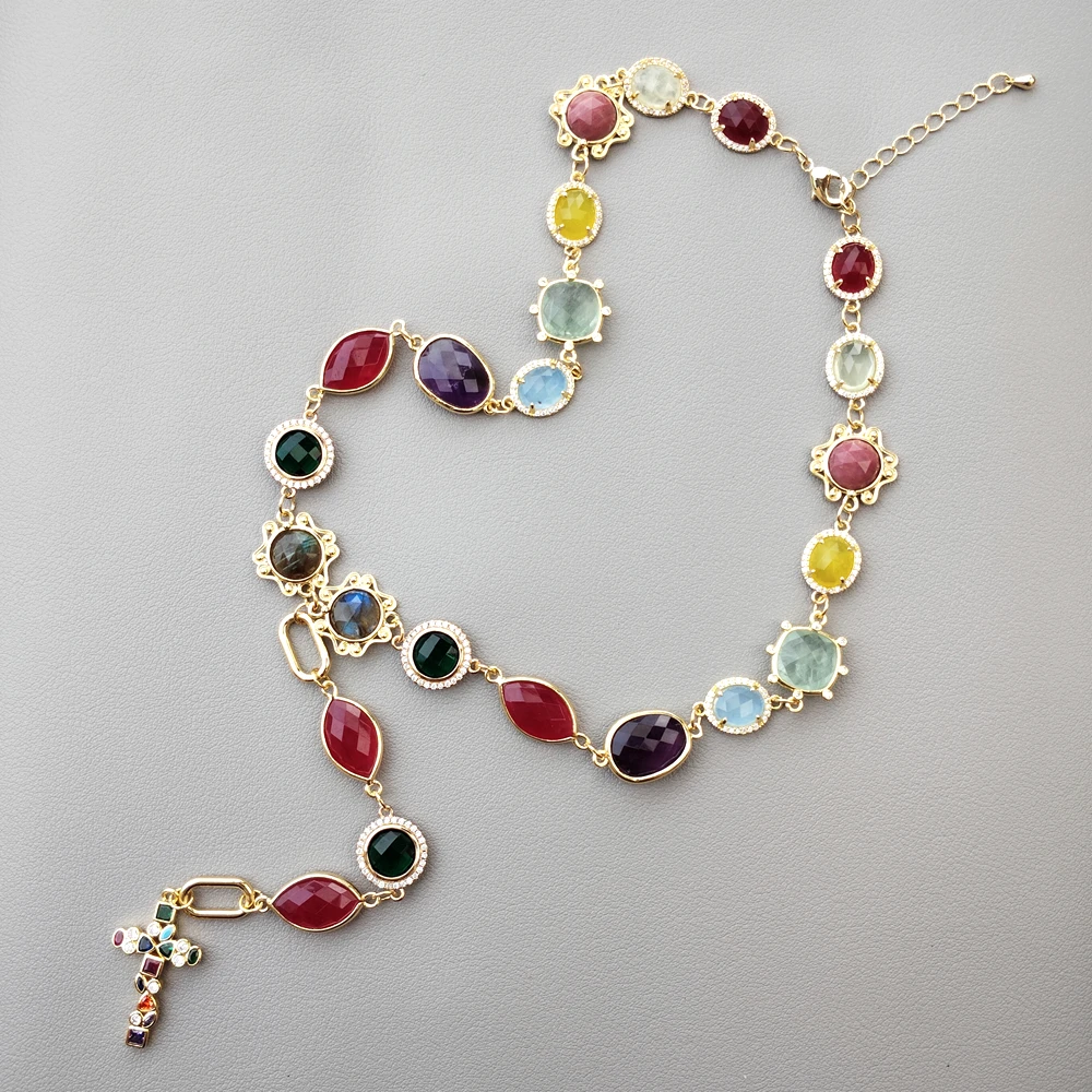 Y·YING  Natural Multi Gem Stone Crystal Jade Beads Cz Crucifix Pendant Necklaces Jewelry