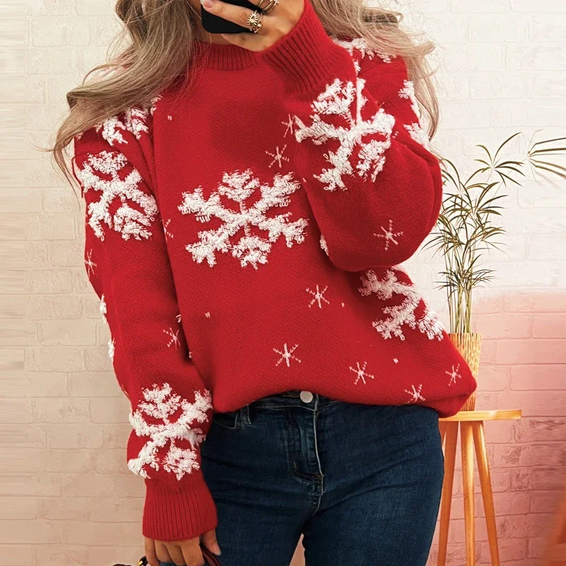 

Fall Winter Casual Streetwear Loose Knitted Christmas Snowflake Print Sweater For Women Fashion O-neck Long Sleeve Pullover Tops