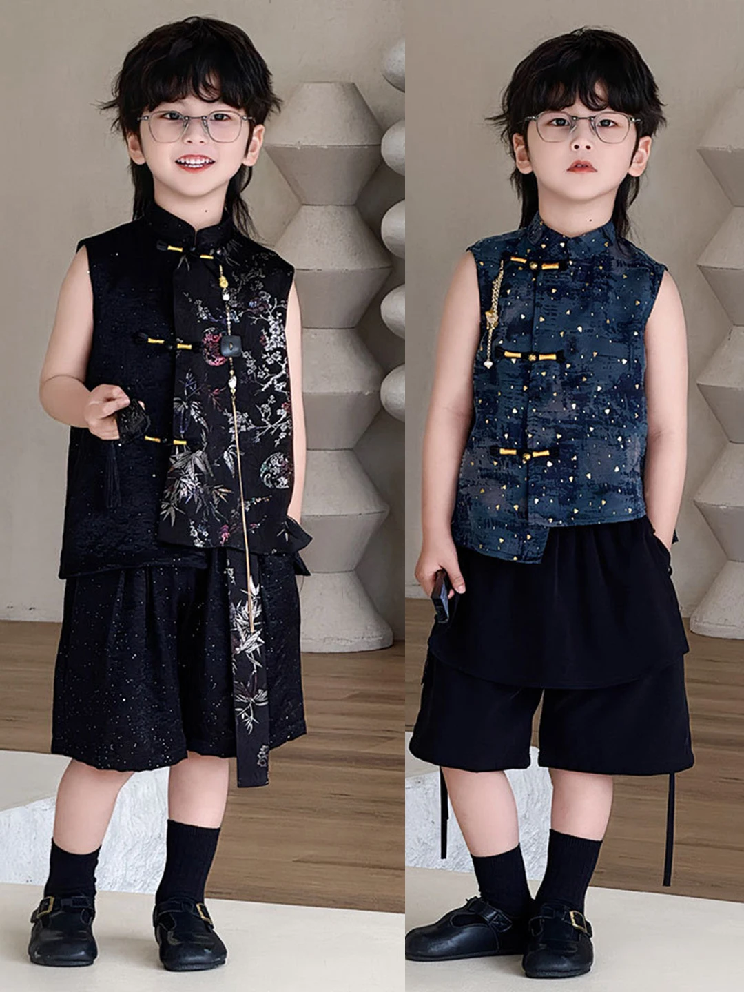 新しい中国風の男の子の誕生日服セットノースリーブ唐衣装子供漢服ファッショナブルな男の子夏の綿リネンスーツ