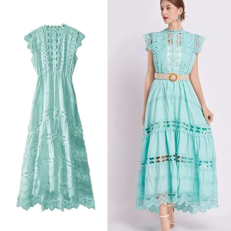 Elegant Luxury Summer Embroidery Lace Spliced Hollow Out Long Dress Women's Stand Collar Pearls Button Belt Party Robe Vestidos