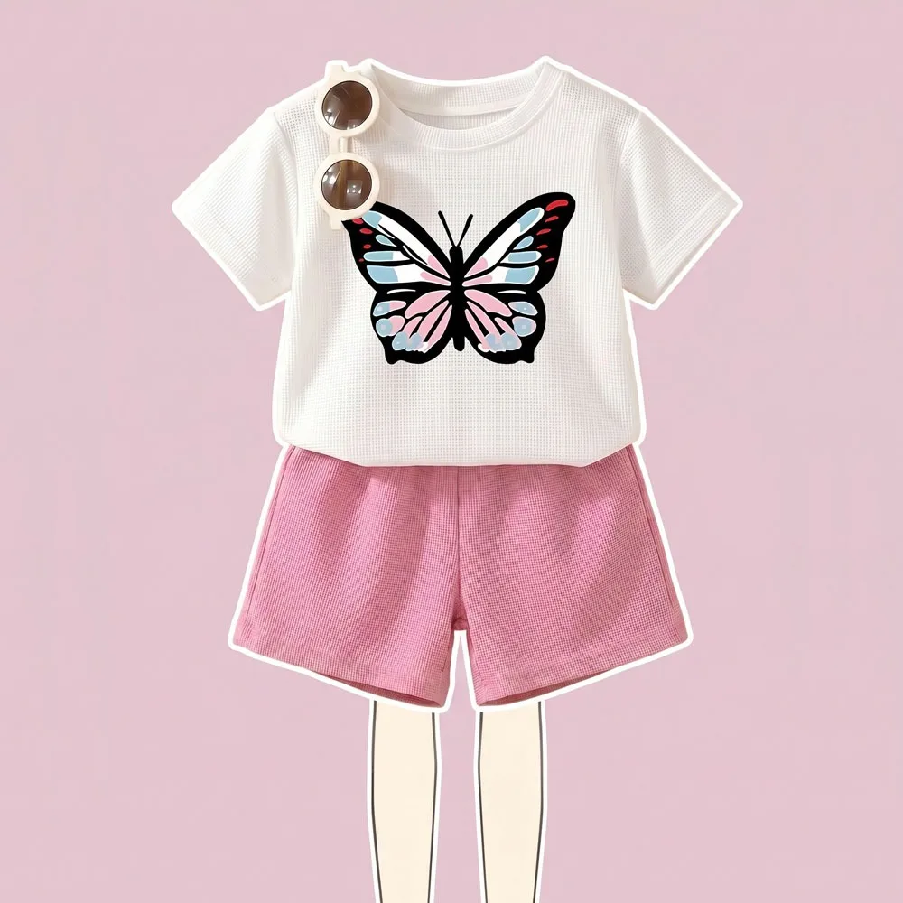 2026 Sommer (3-12 Jahre) Mädchen Mode-Outfits Schmetterling-Druck Atmungsaktives Waffel-Kinder-O-Ausschnitt-T-Shirt und Shorts 2-teiliges Set