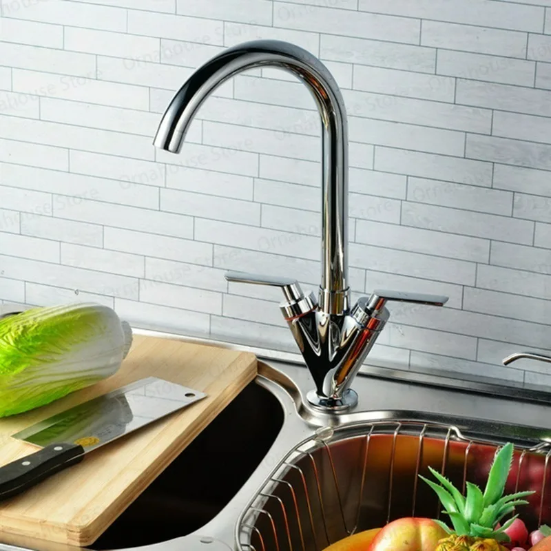 

Kitchen Faucet Brass Double Handle Kitchen Sink Tap Hot and Cold Water Faucet 360 Rotation Deck Mounted Mixer Taps