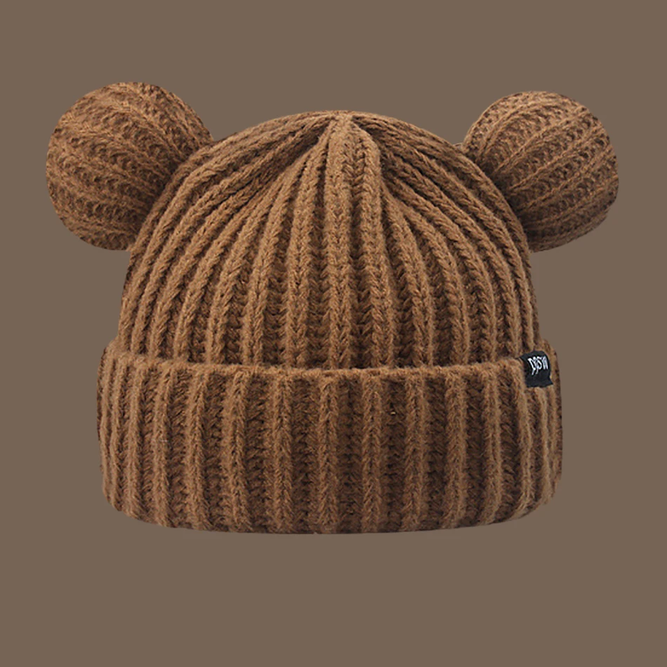 Adult & Child Knit Beanie Hat, Winter Bear Ears Hat Warm Knitted Fleece Lined Woollen Ski Pompom Hat