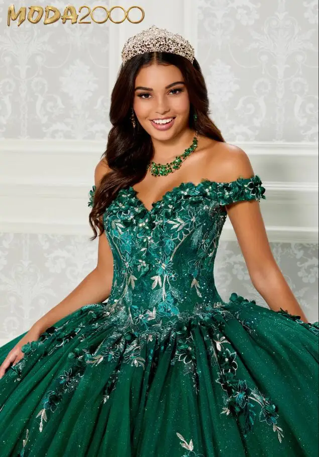 Forest Green Floral Patterned Quinceanera Dresses with Sleeve Cape Off Shoulder Gold Applique Corset vestidos de baile