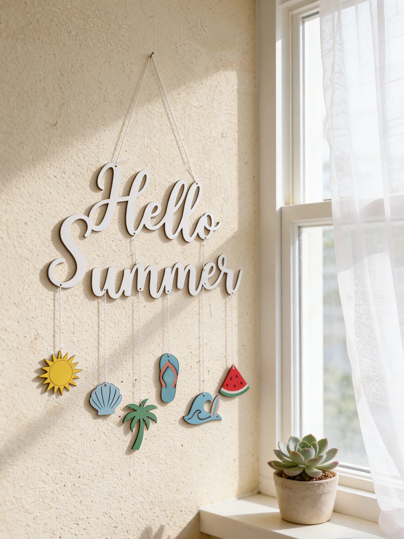 Hello Summer Wall Sign Beach Themed Hanging Ornament with Sun Shell Palm Tree, Summer Home Wall Art for Coastal Home Party Decor