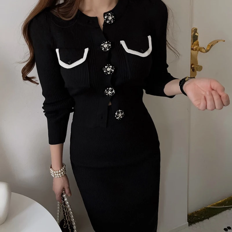 Chic France Vintage Women Knitted 2 Piece Set Fall Winter Solid Diamonds Button Cardigan Sweater + High Waist Bodycon Midi Skirt