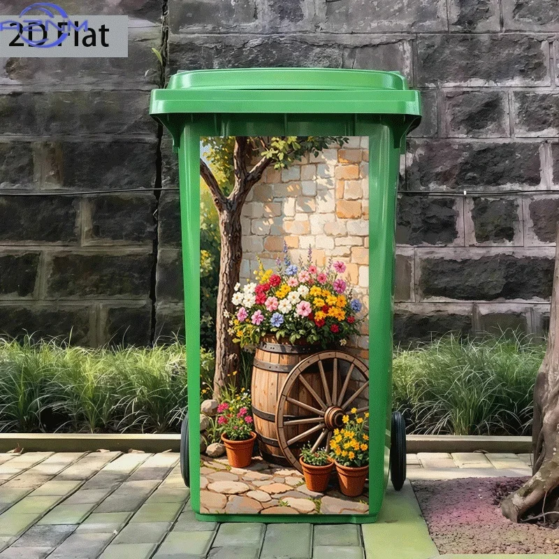 2D Flat Printing 1pc Trash Can Sticker 37×82cm, Flower Bin and Stone Path Themed Design, Self-Adhesive Kitchen Trash Can Decor