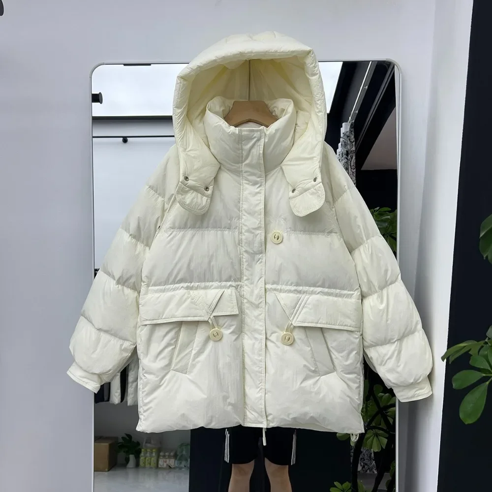 

CXFS 2025 новая осенне-зимняя верхняя одежда средней длины, женское пальто на белом утином пуху с капюшоном, женская модная теплая толстая куртка-пуховик