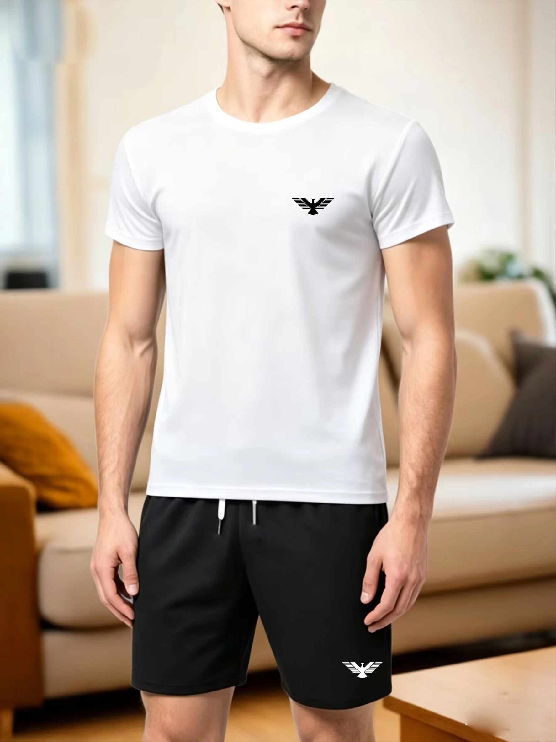 

Men's 2 Piece Eagle Logo Sportswear Set - Minimalist Print Short Sleeve T-Shirt + Shorts Summer Casual Tracksuit