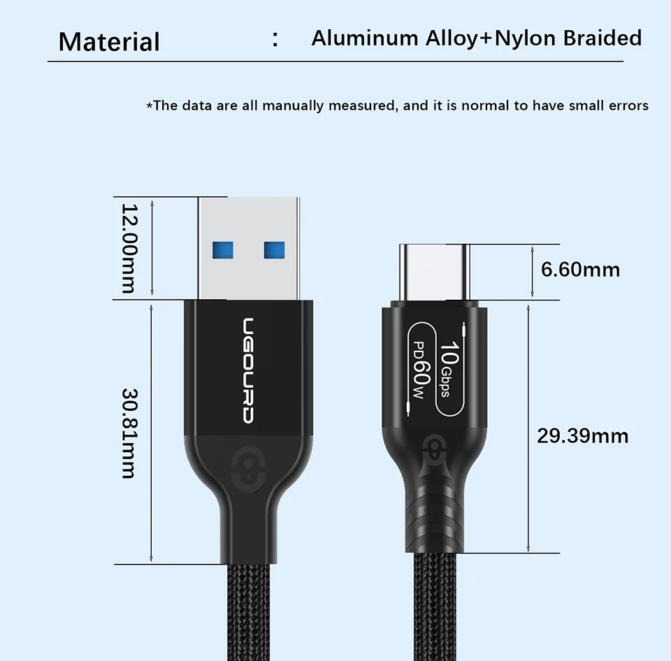 UGOURD USB 3.2 3.1 Gen2 10Gbps USB-A auf Typ-C Kabel USB-C Datenübertragungskabel 60W Schnellladekabel für USB-HUB SSD-Box – Detail 9