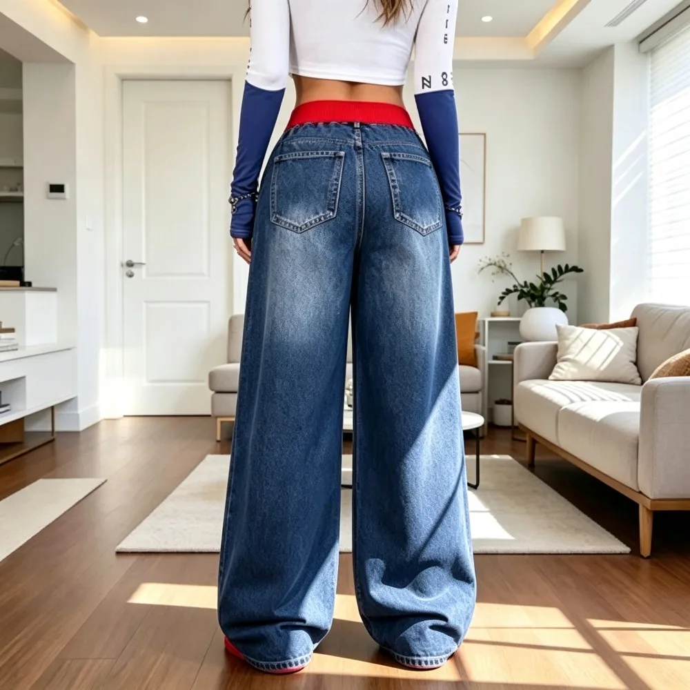 New features red rubber band ladies high waist elastic jeans drawstring design straight fashion washing technology leisure out.