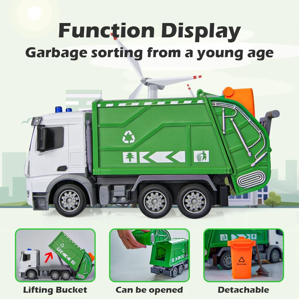 Kids RC Garbage Truck Toy with Lights 1/24 Scale Radio Controlled Car Sanitation Vehicle Recycling Cars Early Learning Boys Toys