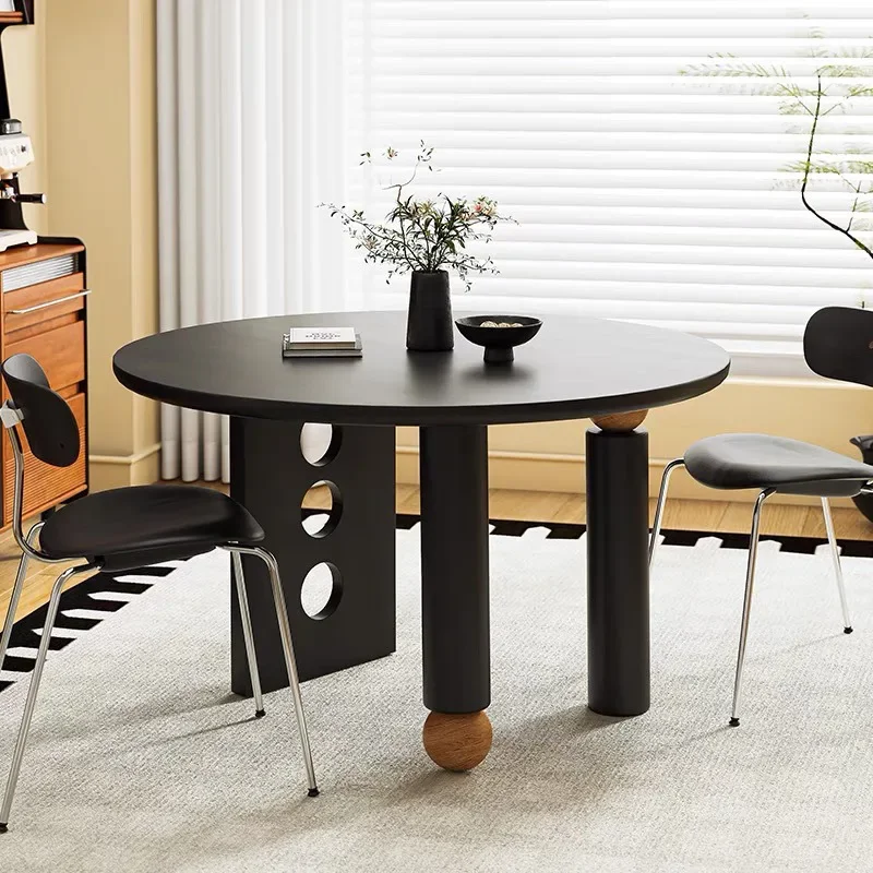 Italian high-end solid wood, rock slab dining table round, household with turntable, matte rock slab round table