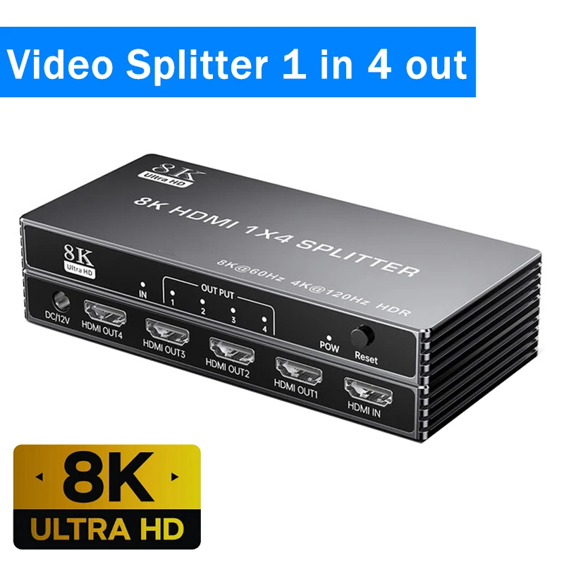 

8K HDMI Splitter 1 in 4 out Ultra HD 4K@120Hz HDMI 2.1 Splitter Video Duplicate/Mirror Screen Display 48Gbps High Resolution HDR