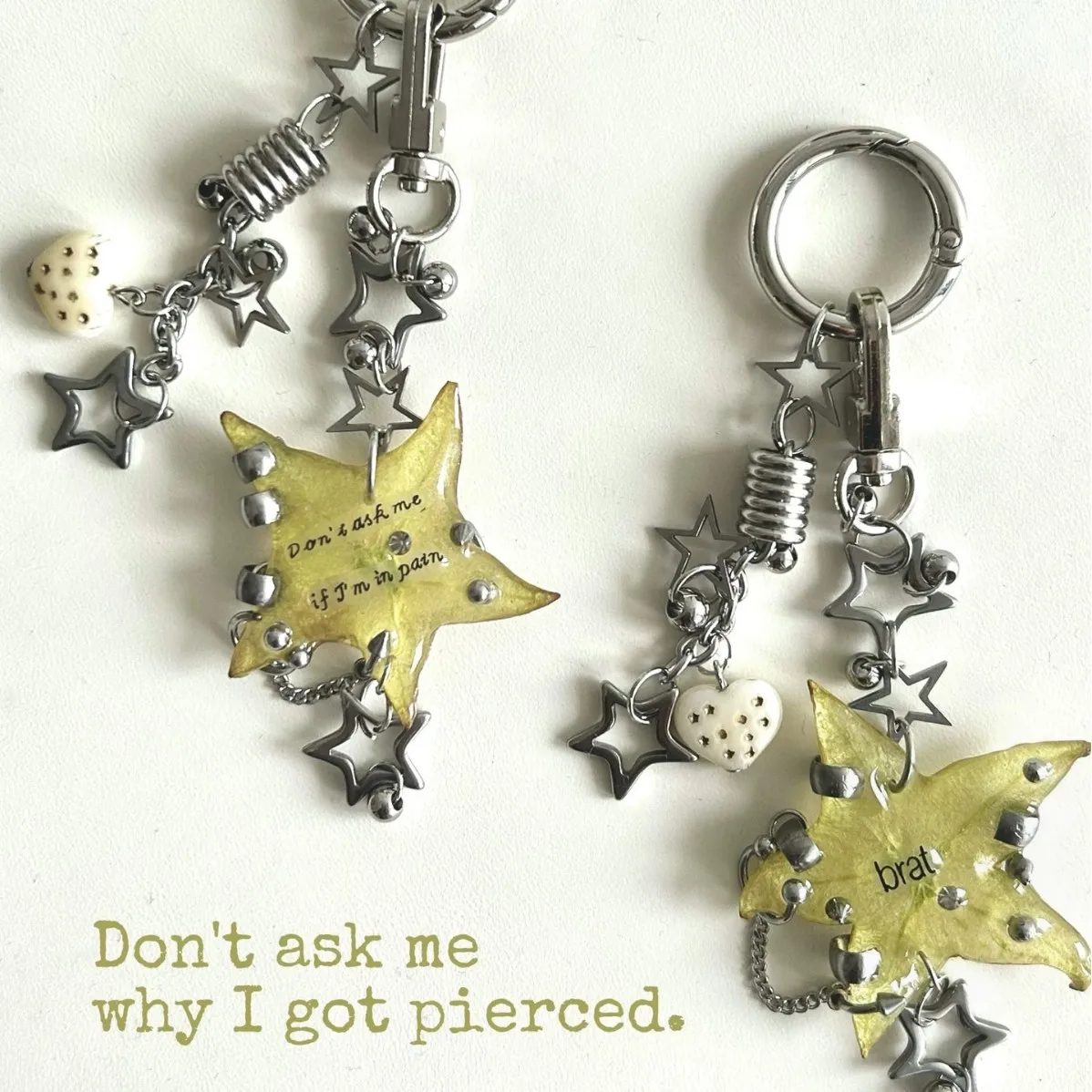 Yellow Star Resin Keychain with Silver Piercing Studs, Unique Bag Charm Pendant, Punk Style Key Ring for Backpack or Purse