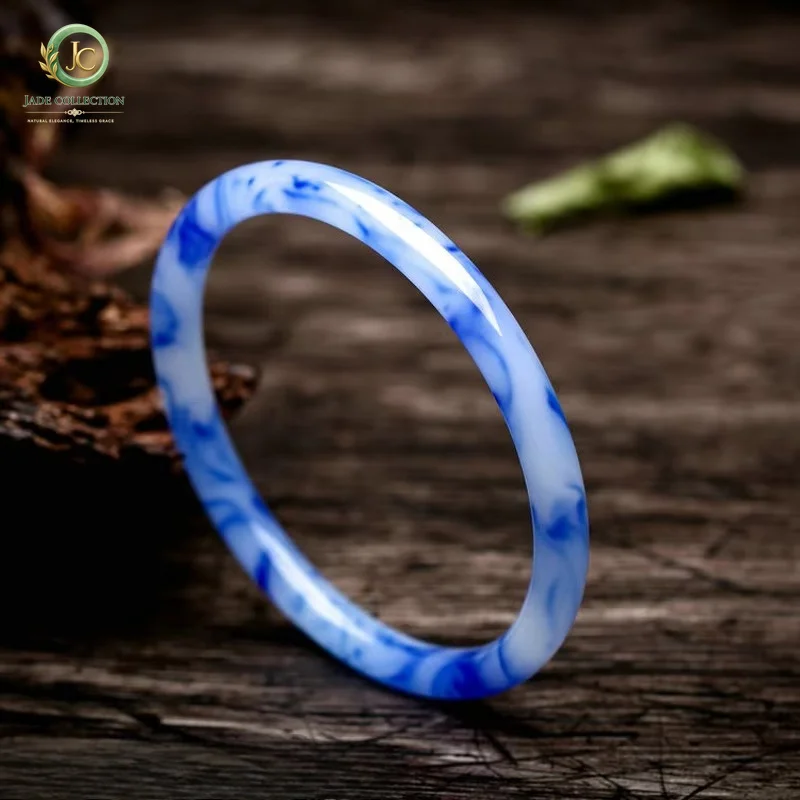Natural Chinese Blue and White Hand Carved Round Bar Jade Bracelet Fashion Boutique Jewelry Women's Blue Bracelet Popular Gift
