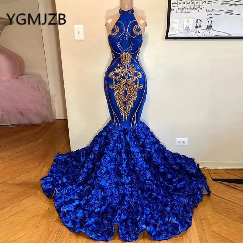 Royal Blue Evening Dresses Long 2023 Prom  Sparkly Mermaid 3D Flowers Train African Women Formal Party Prom Gala Gowns