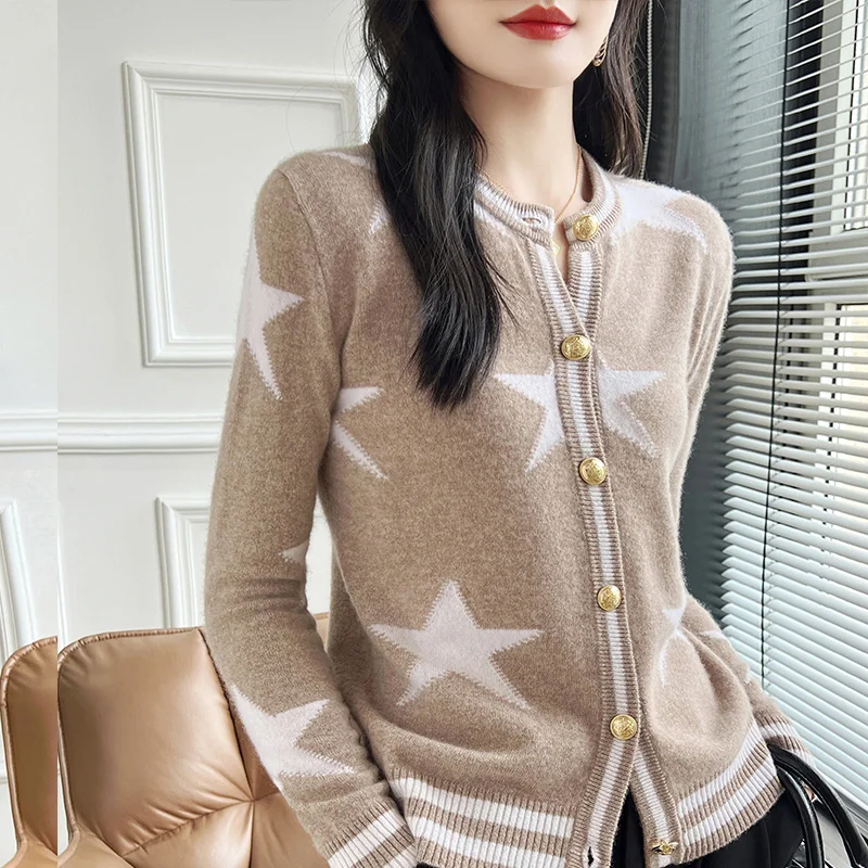 Female Cardigan Autumn Winter Wool Cashmere Sweater Women\'s Coat Five-Pointed Star Long-Sleeved Jacket Round Neck Chic Knit Top