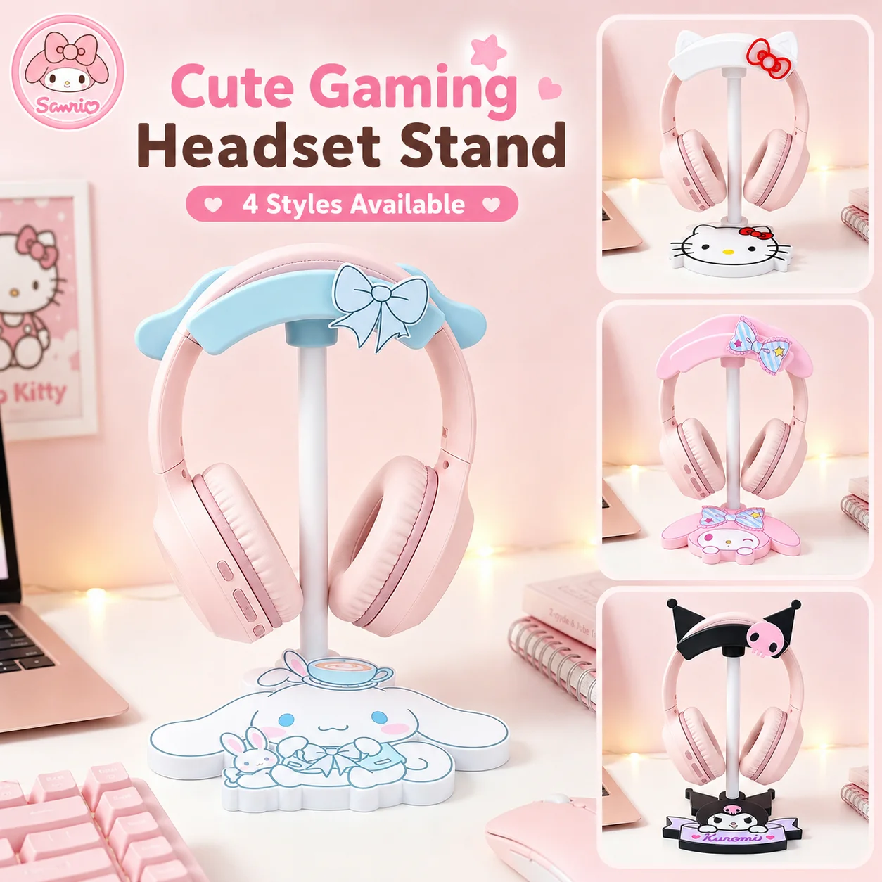 Sanrio Cute Gaming Desk Headset Holder Cinnamoroll Desktop Headphone Holder My Melody Kawaii Headphone Rack Cartoon Room Decor