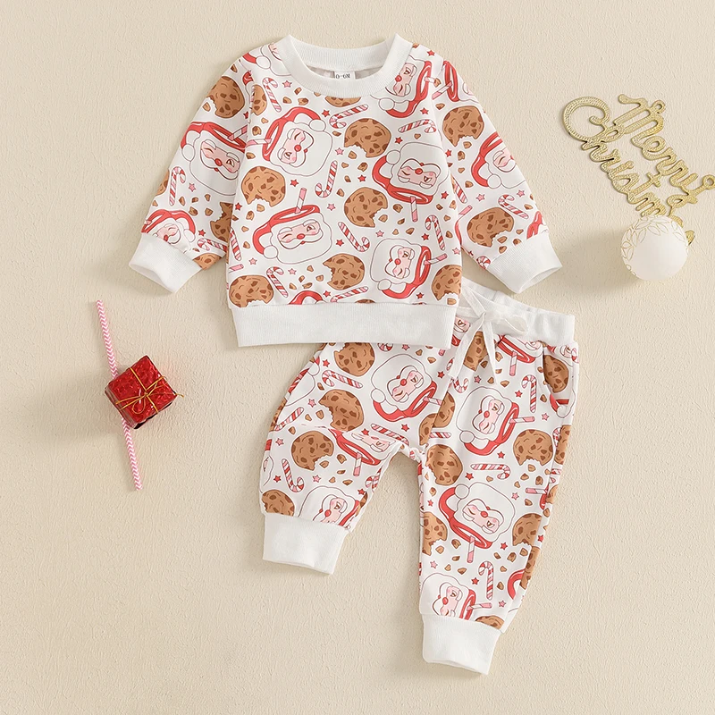 Baby Pants Set Cookie Santa Claus Print Long Sleeve Sweatshirt with Sweatpants Christmas Outfit for Girls Boys