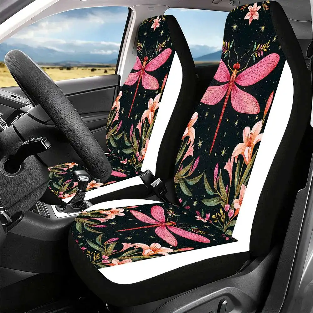 2pcs Pink Dragonfly & Lily Floral Car Seat Covers - High Back Design, Durable Polyester, Fit For Cars, SUVs, Trucks - Women'S Ca