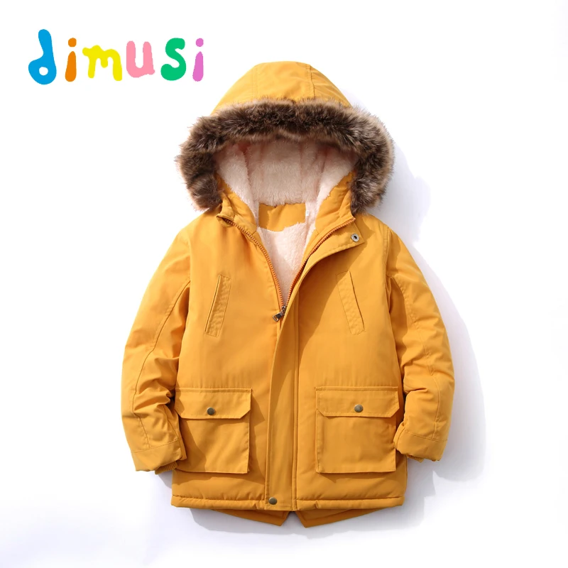 Winter Kids Coat Outdoor Casual Plus Fleece Thickened Boys Medium Long Hooded Trench Coat Fashion Warm Cotton Coat Kids Clothing