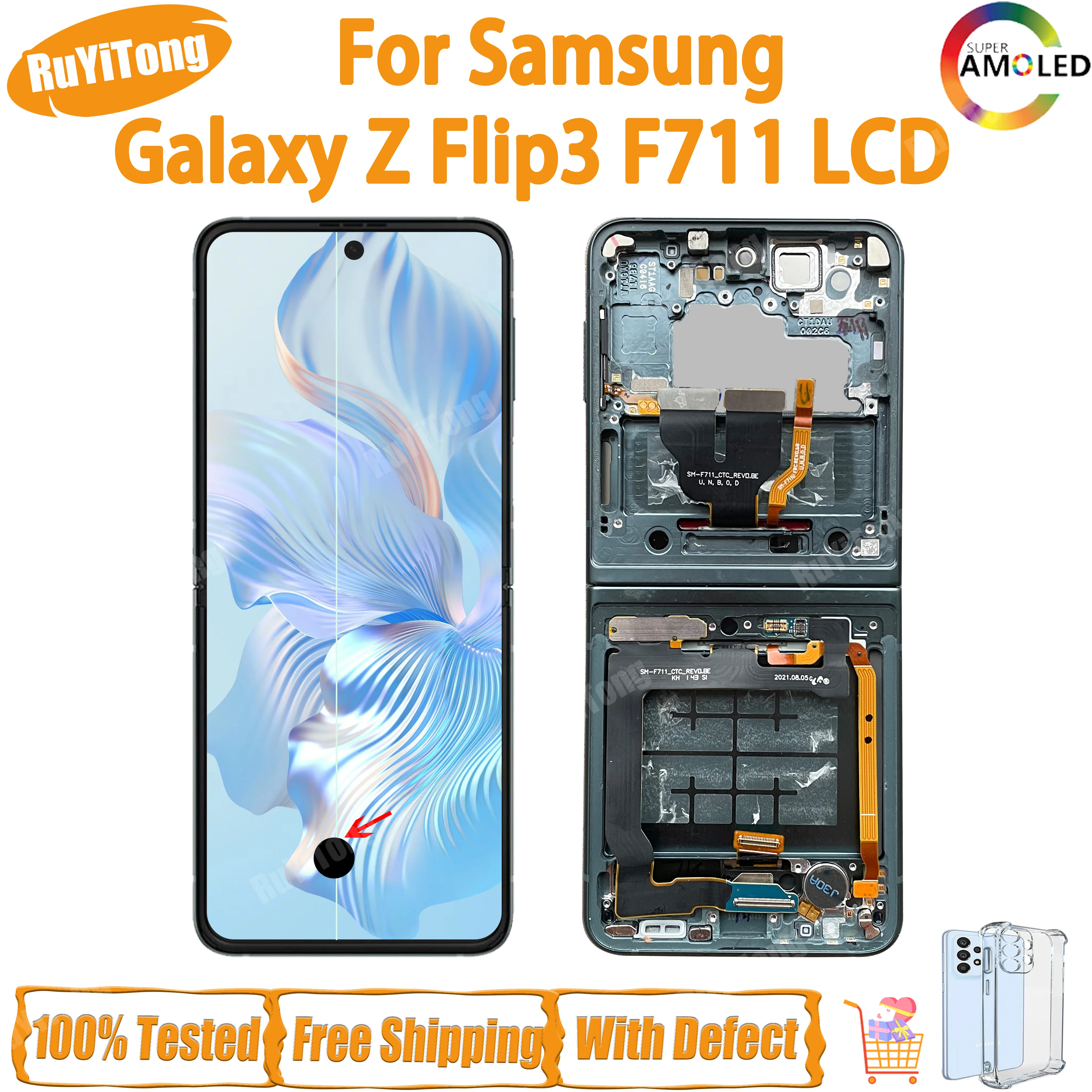 С дефектом ЖК-дисплея для Samsung Z Flip 3 5g ЖК-дисплей F711, замена сенсорного экрана в сборе для Z Flip3 5g, ЖК-дисплей F7110