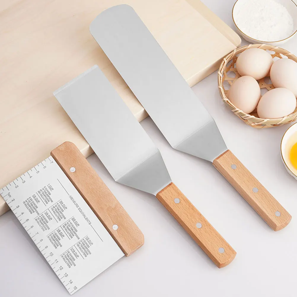 

3Pcs Stainless Steel Spatula Beech Wood H Baking Cake Tool Frying Shovel Kitchen Utensils Single Sided Scale Design