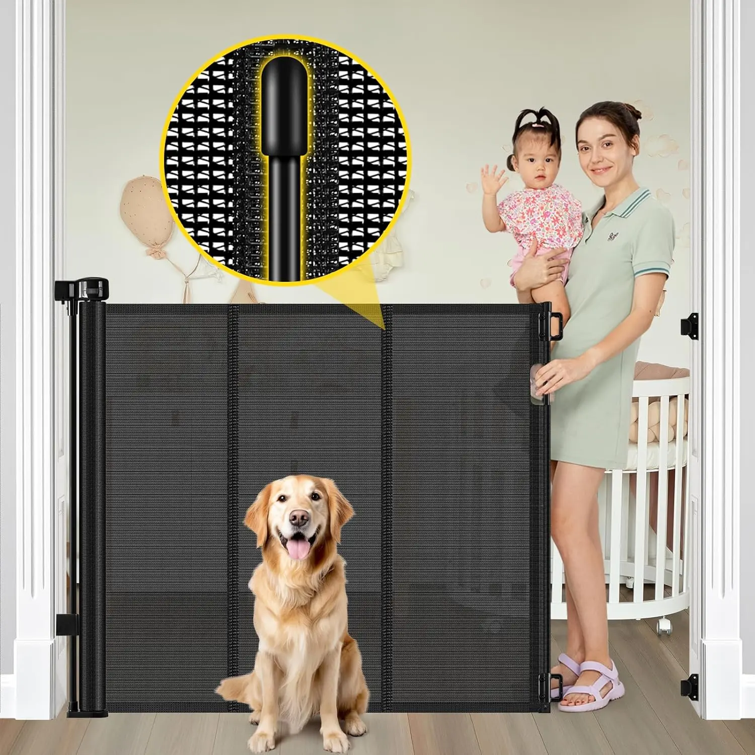

42" Extra Tall Retractable Baby and Dog Gate, Extends to 60", Indoor/Outdoor Safety Barrier