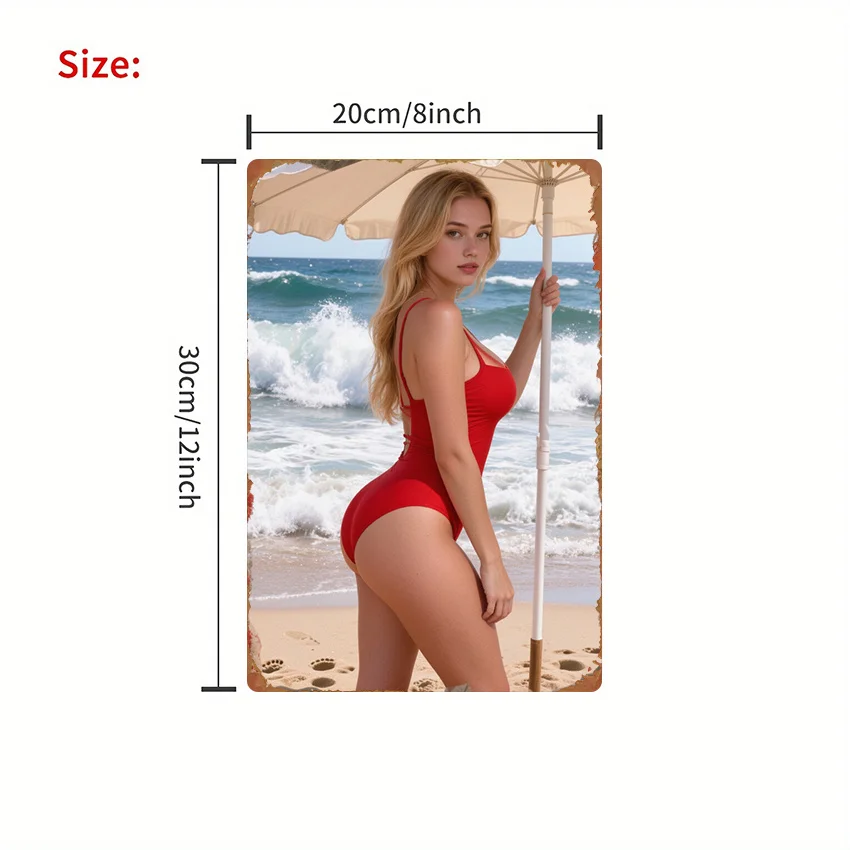 1pc Red Wave Swimsuit Woman Metal Wall Art - 2D Flat Iron Decor Pre-Drilled for Easy Hanging, 8x12in Durable for Living Room Bed