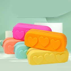 Love Stationery Bag Silicone Pencil Case Convenient Storage Bag Heart Shaped Macaroon Washable Silicone Stationery Bag