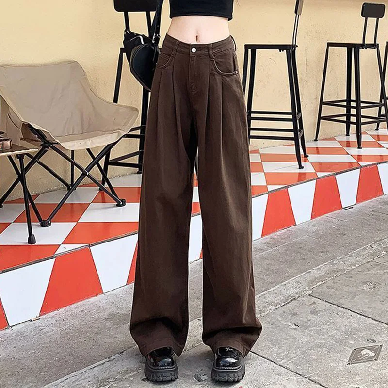 Lady Fashion Coffee High Waist Jeans Women Baggy Thin Casual Denim Pants Girls Classic Korean Straight Leg Trousers