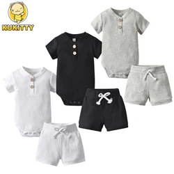 Summer Newborn Infant Baby Boy 2PCS Clothes Set Knitted Ribbed Short Sleeves V-Neck Romper Bodysuit Top + Shorts Casual Outfit