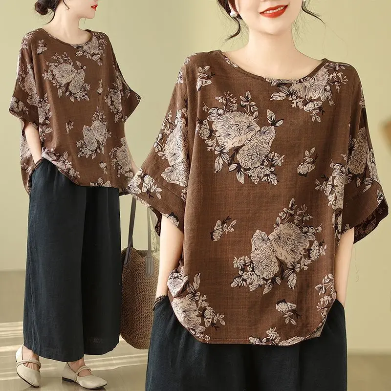Women's Brown Cotton Linen Floral Print T-Shirts Loose Batwing Sleeve Top Casual Short-Sleeve Pullover