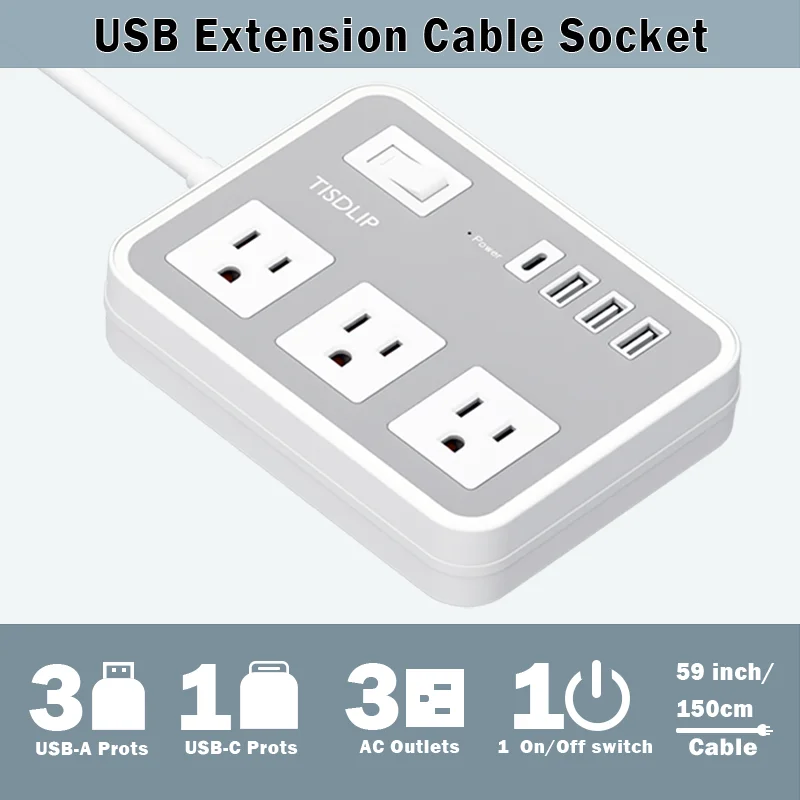 3 Way Power Strip with 4 USB Charging Ports(3A+1C), Extension Lead with Switches, US Plug, 5Ft Power Cord