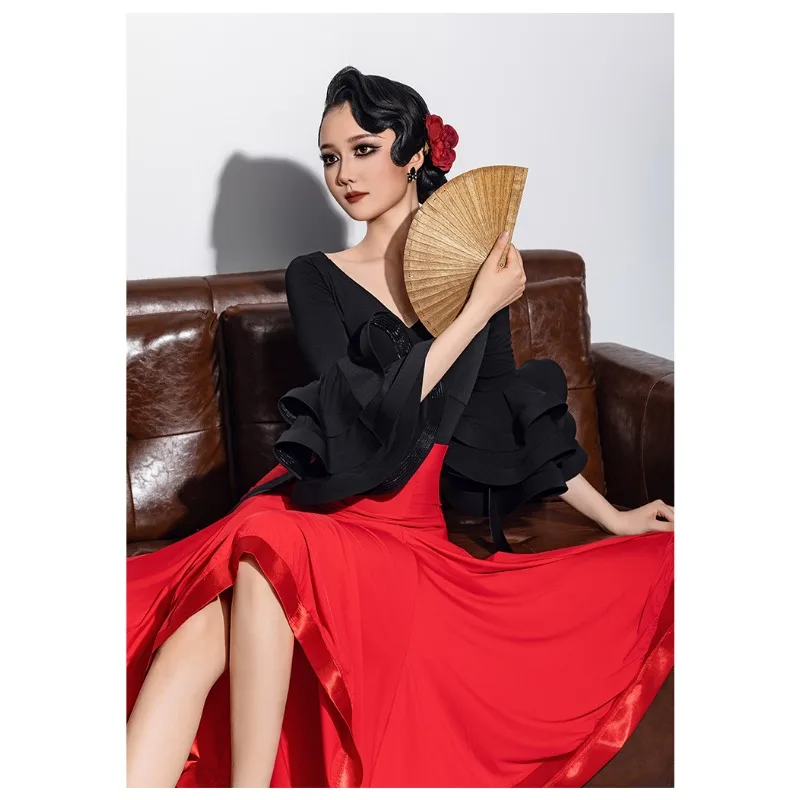 Aangepaste moderne dansjurk wals grote schommel rok half lichaam rok volwassen vrouwelijke sociale cha cha samba tango rumba danspak