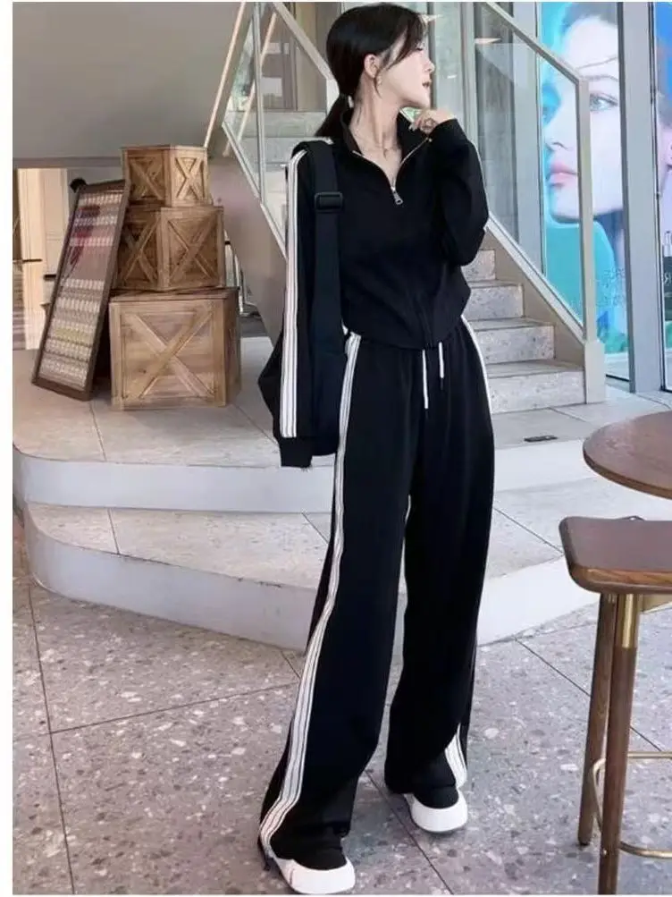 

Faionable Sportswear Set Women's Stand Collar Sweatirt Slimming Two-Piece Suit Korean Sle High Waist Long Pants Autumn