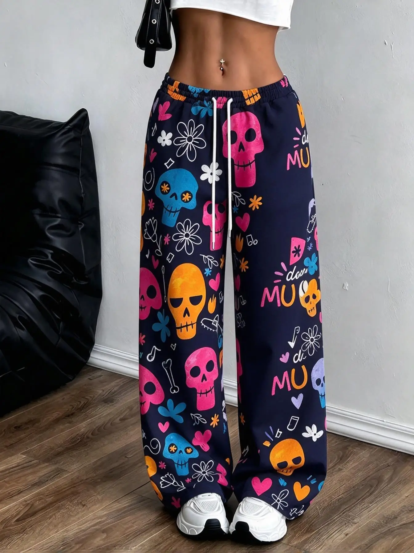 Halloween Cartoon Skull & Witch Hat Print Women Wide Leg Sweatpants Low Waist Drawstring Loose Pants