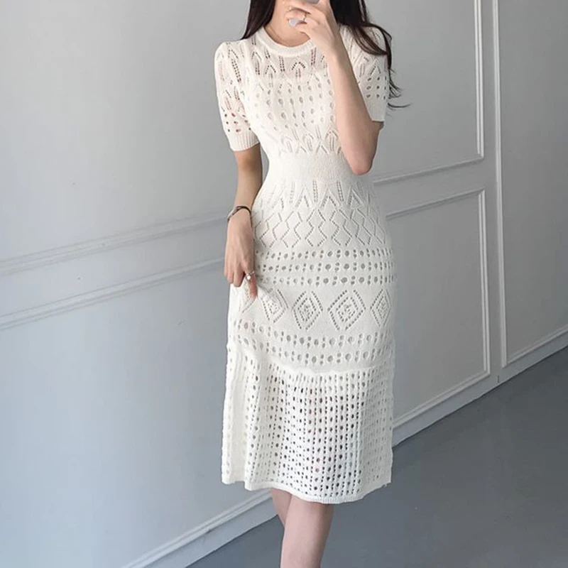 

Summer White Short Sleeve Hollow out Knitted Dress Women's New Ice Silk Waist Fashion A-line dress