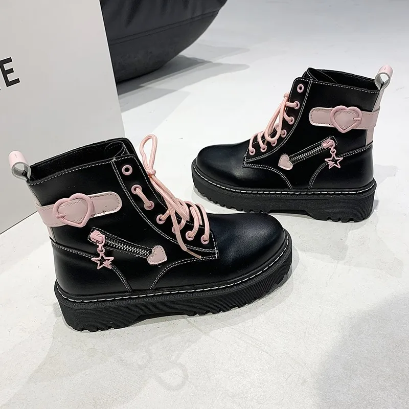 2022 New Women\'s Boots Thick Sole PU Leather Lace Up Square Heel Round Toe Solid Color New Women\'s Boots Gothic Motorcycle Boots