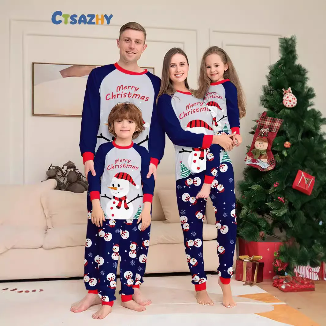 2024 Christmas family clothing Snowman Snowflake letters cartoon family clothing printed home clothing pajamas 2 sets