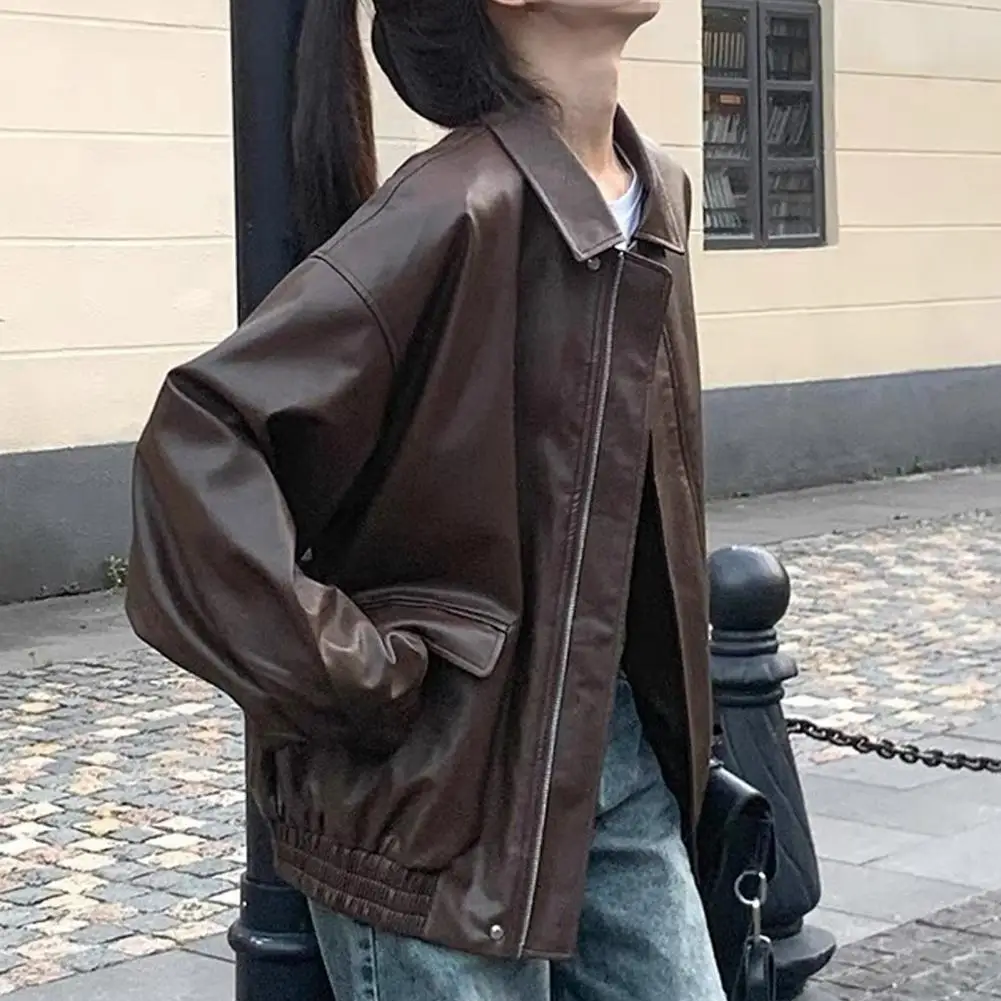 2025 Korean New Fashion Spring Autumn Women's Solid Color Turn-down Collar Long Sleeve Zipper Casual Trendy Loose Leather Coats view 4