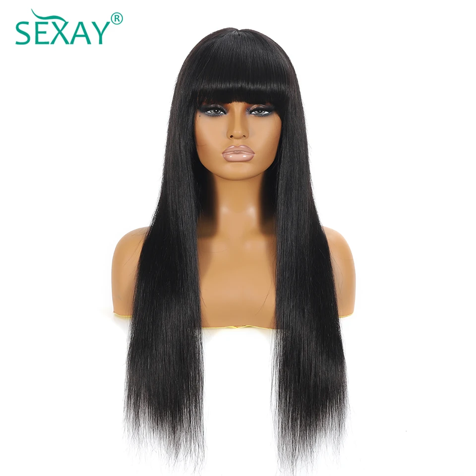 Sexay Fake Scalp Women's Wig For Sale Brazilian Bone Straight Machine Made Human Hair Wigs With Bangs 24